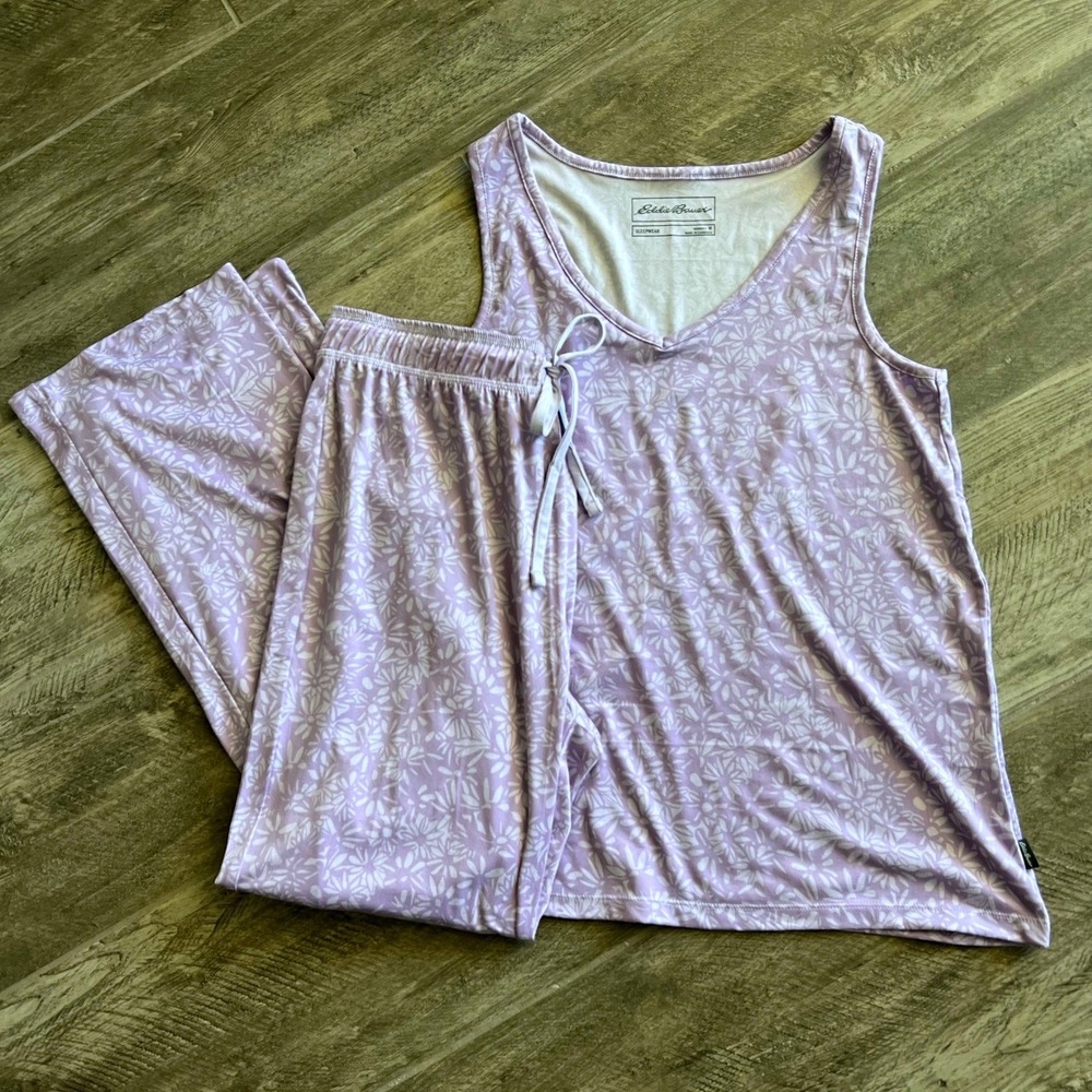 Eddie Bauer Pajama Set Women's Med Tank Top Pants Lavender Floral Print‎ Soft